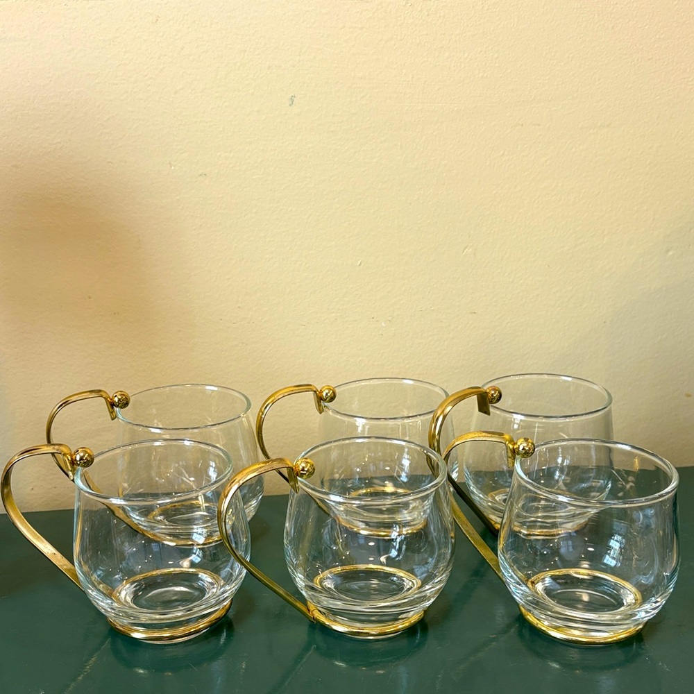 Set of 6 MCM Clear Glass Mugs with Gold Handles.